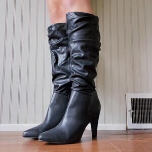 Black vegan leather slouch heeled boots